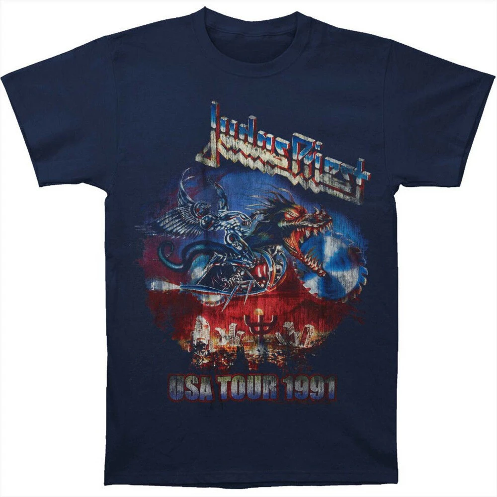 Judas Priest Unisex Adult Painkiller US Tour 91 T-Shirt (Navy Blue) - RO2544