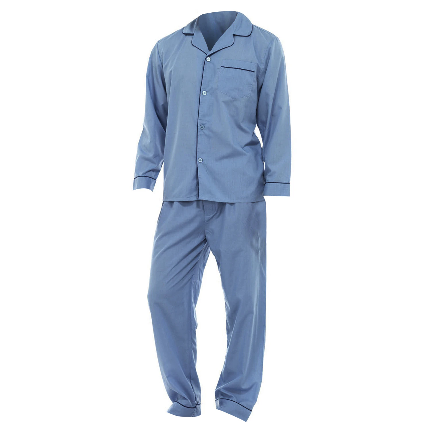 Mens Plain Long Sleeve Shirt & Trouser Bottoms Nightwear Pyjama Set (Blue) - N510