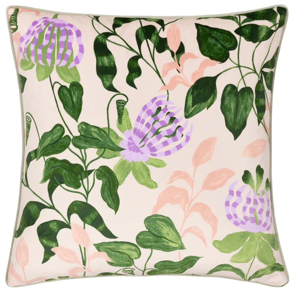 Wylder Piped Velvet Passion Flower Cushion Cover (Peach/Vine Green) - RV3046