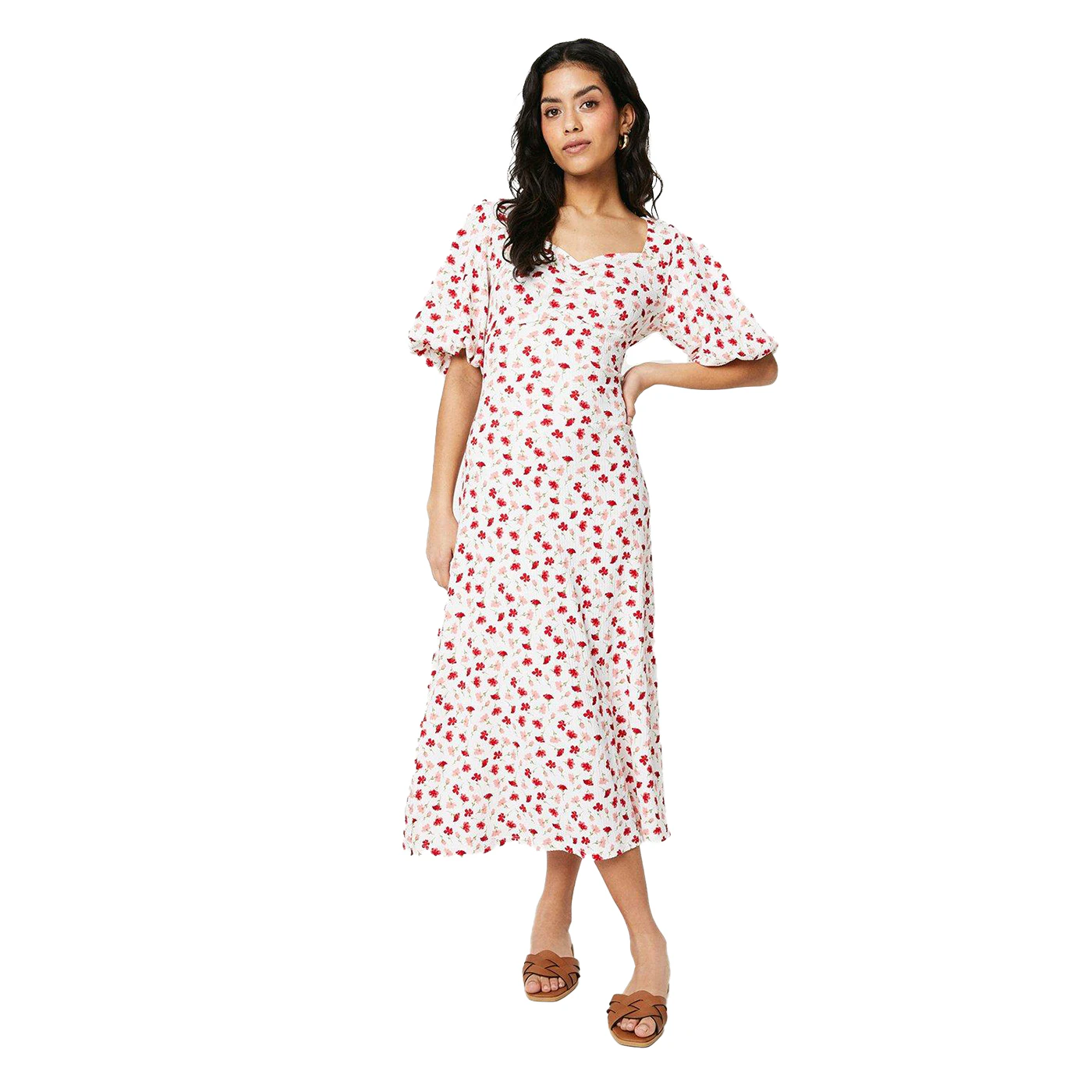 Dorothy Perkins Womens Ditsy Print Ruched Front Petite Puff Sleeve Midi Dress (Ivory) - DP4671