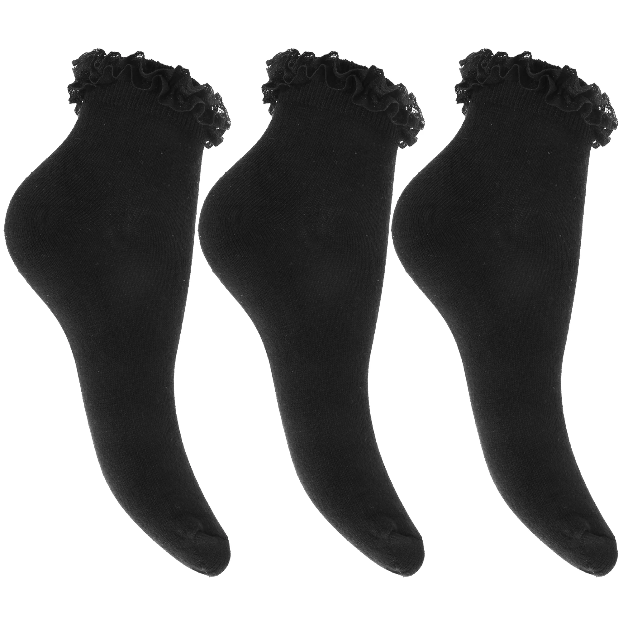 Childrens Girls Ruffled Trim School Socks (Pack Of 3) (Black) - K228