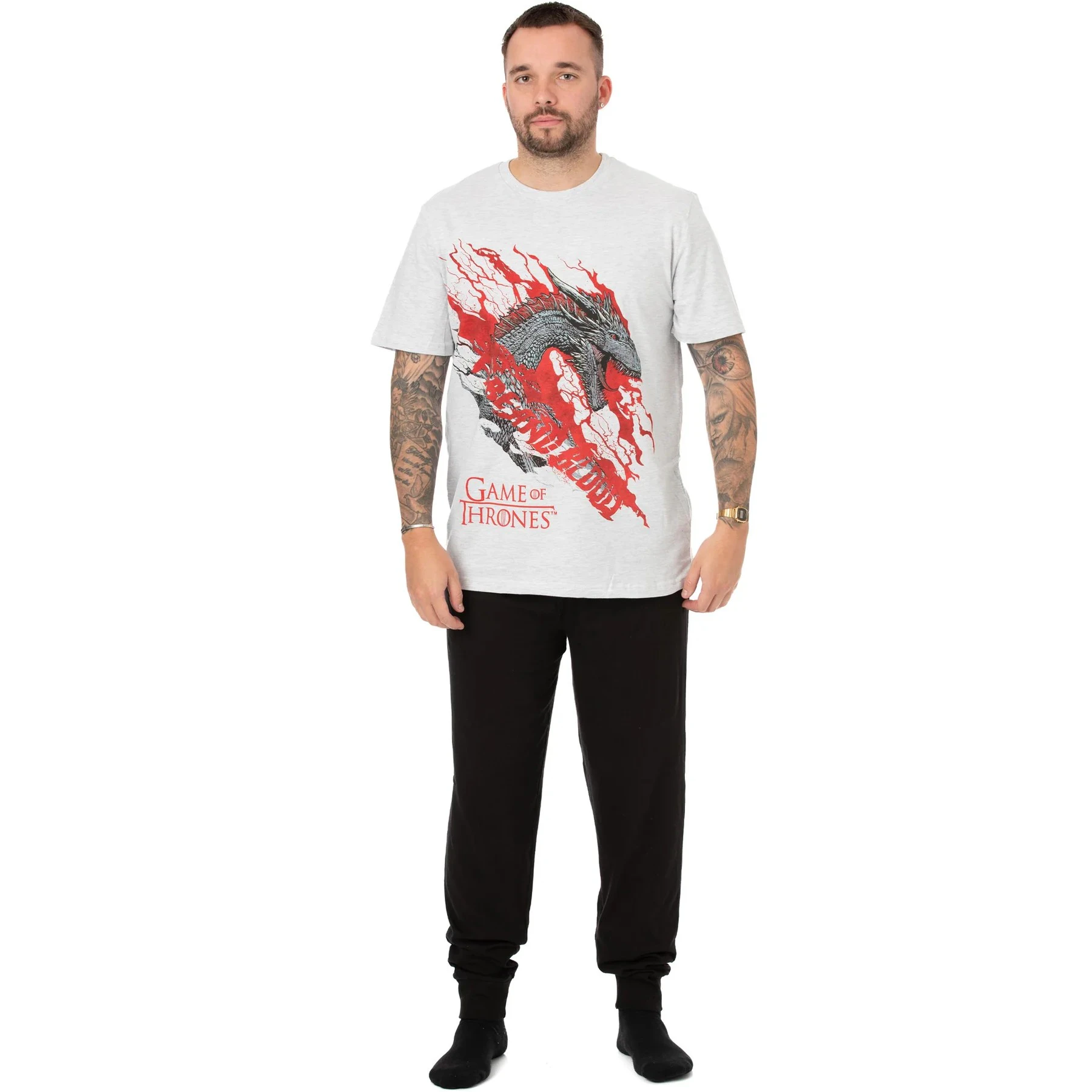 Game of Thrones Mens Fire And Blood Targaryen Long Pyjama Set (White/Black) - NS7151