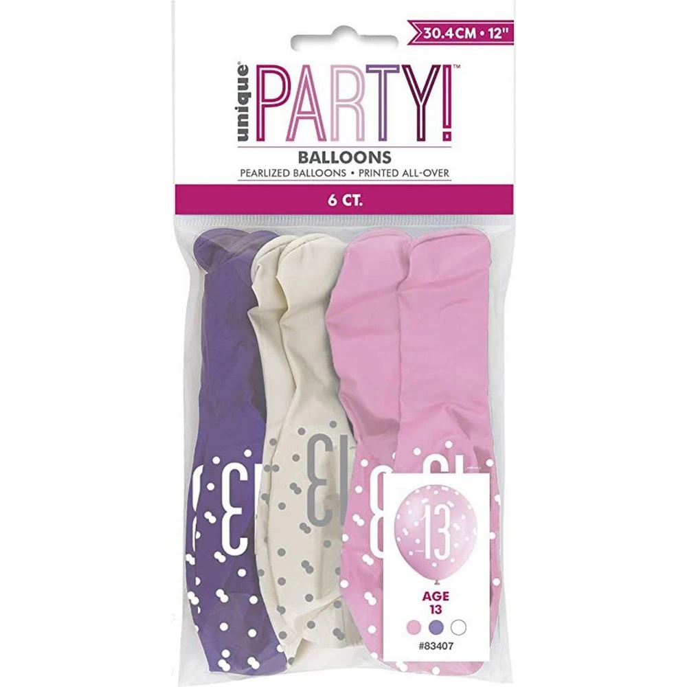 Unique Party Latex Pearlised Birthday Balloons (Pack of 6) (White/Pink/Purple) - SG24806