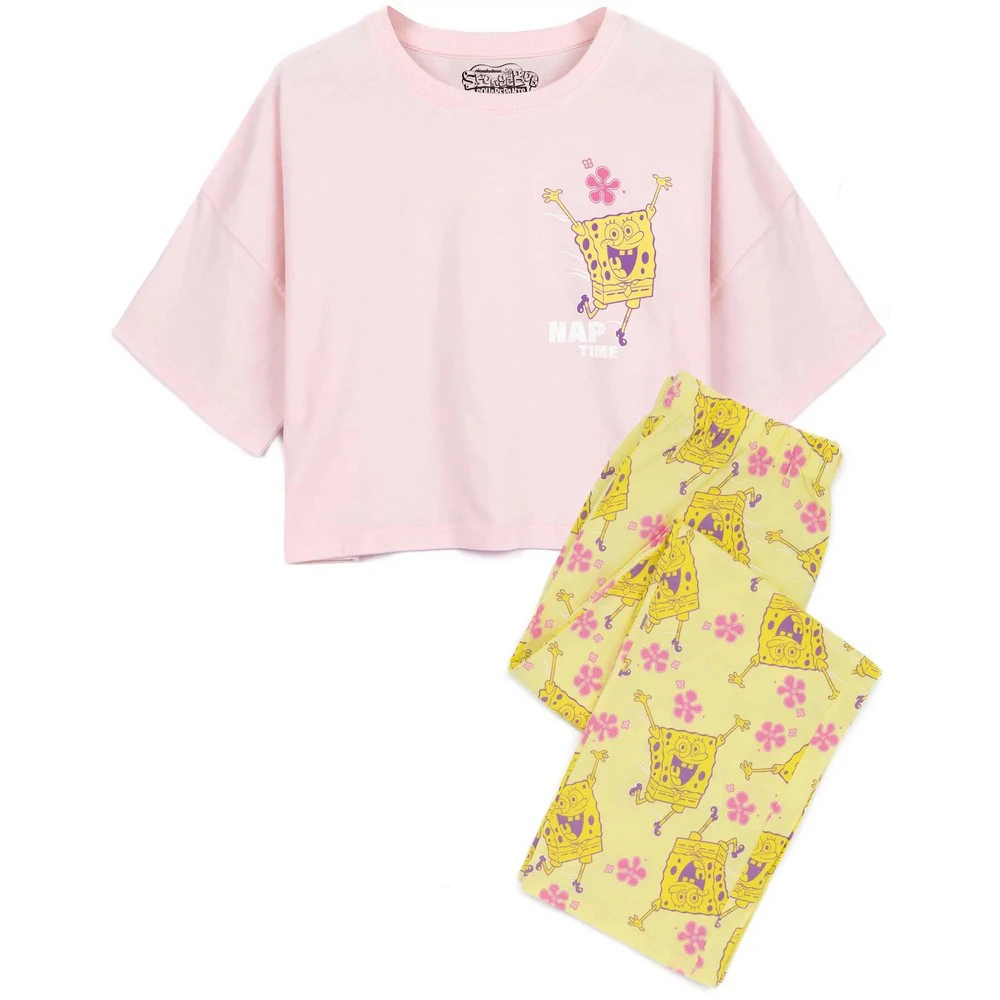 SpongeBob SquarePants Womens Nap Time Long Pyjama Set (Pink/Yellow) - NS6884