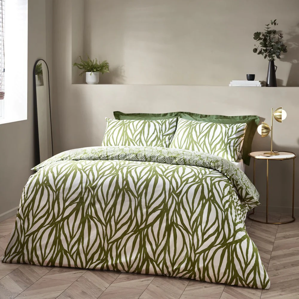 Hoem Frond Reversible Cotton Abstract Duvet Cover Set (Olive) - RV3274