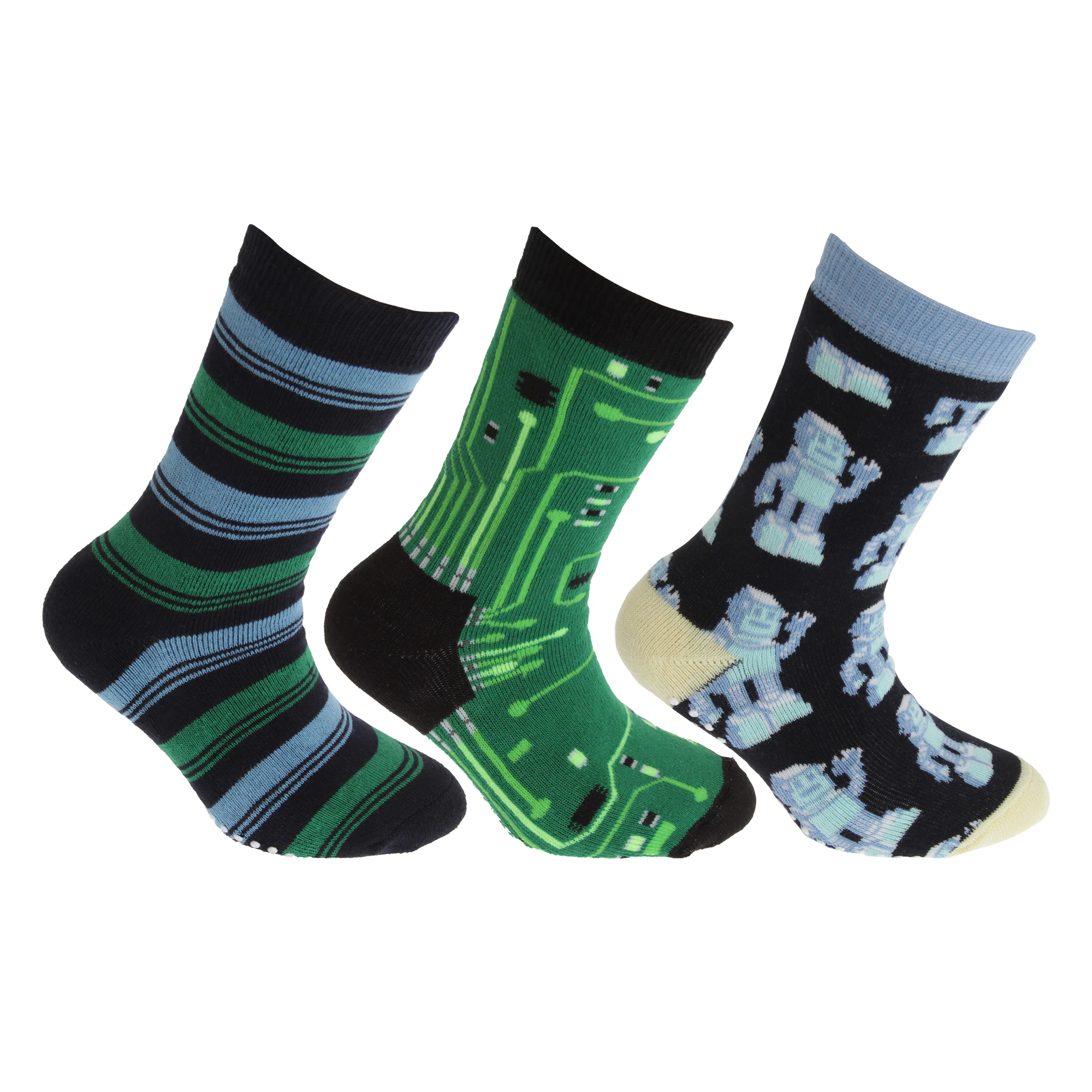 FLOSO Childrens/Kids Retro Gripper Socks (3 Pairs) (Green/Navy) - K353