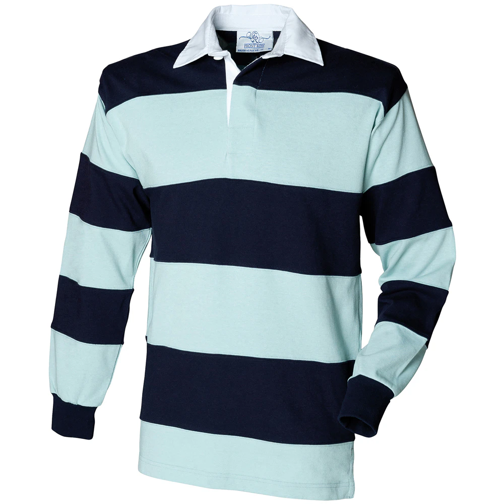 Front Row Mens Stripe Sewn Rugby Polo Shirt (Duck Egg/Navy) - PC6148