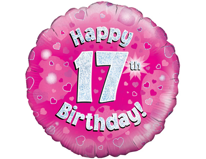 Oaktree 18 Inch Happy 17th Birthday Pink Holographic Balloon (Pink/Silver) - SG4188