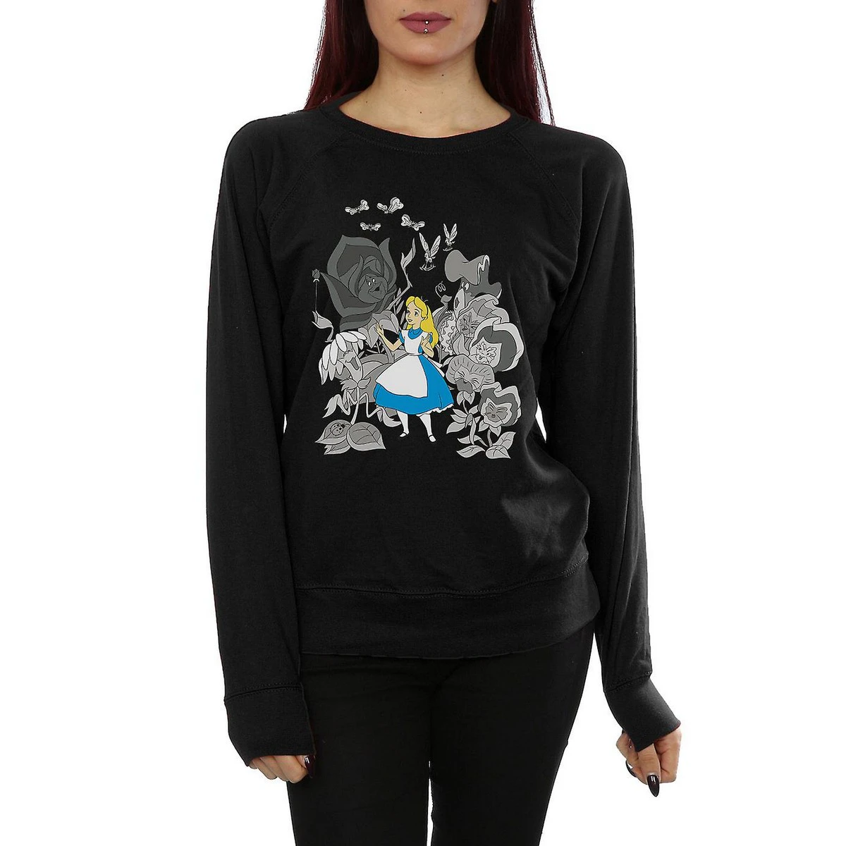 Alice In Wonderland Womens Flowers Cotton Sweatshirt (Black) - BI749