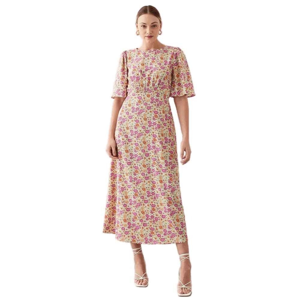 Dorothy Perkins Womens Ditsy Print Shirred Waist Tall Flutter Midi Dress (Multicoloured) - DP1980