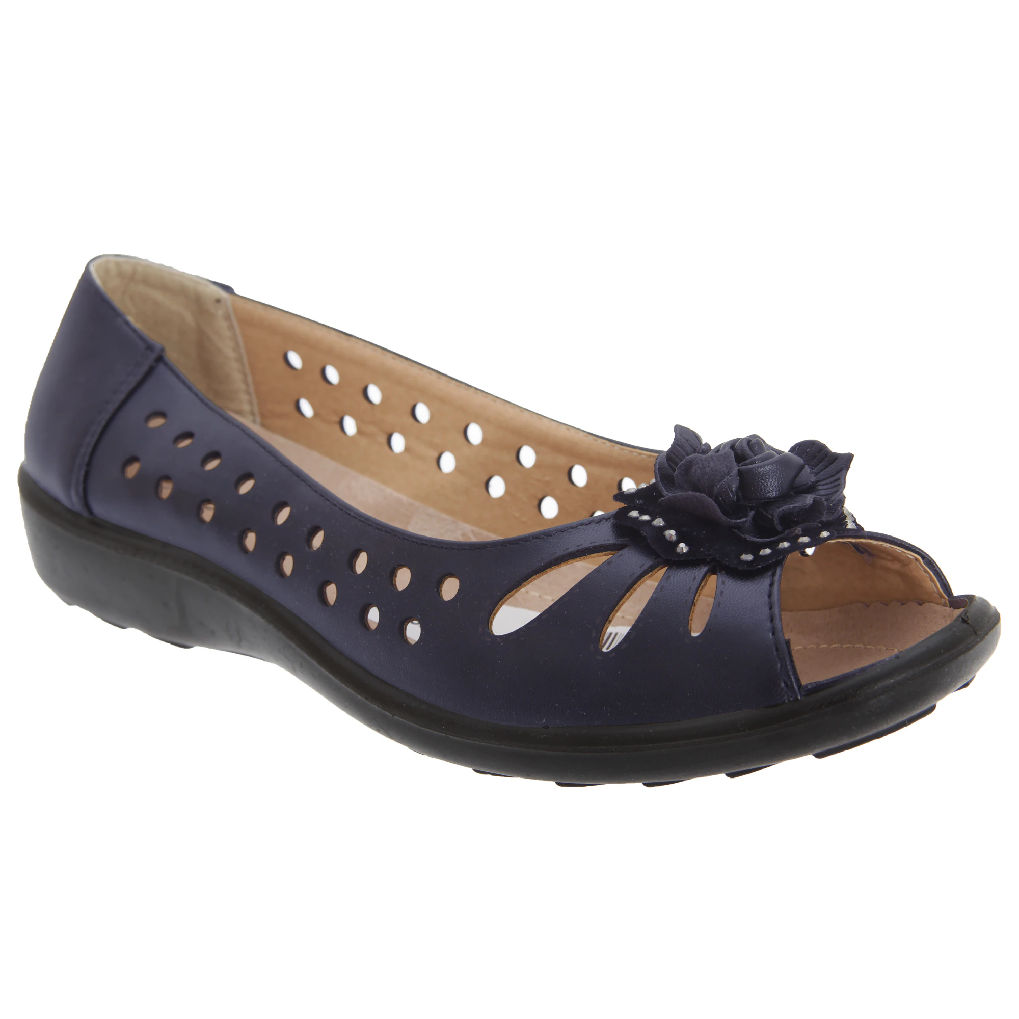 Boulevard Womens Punched Open Toe Flower Casual Shoes (Navy Blue) - DF445