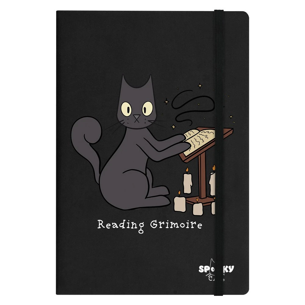 Spooky Cat Reading Grimoire A5 Notebook (Black/Grey/Brown) - GR6092