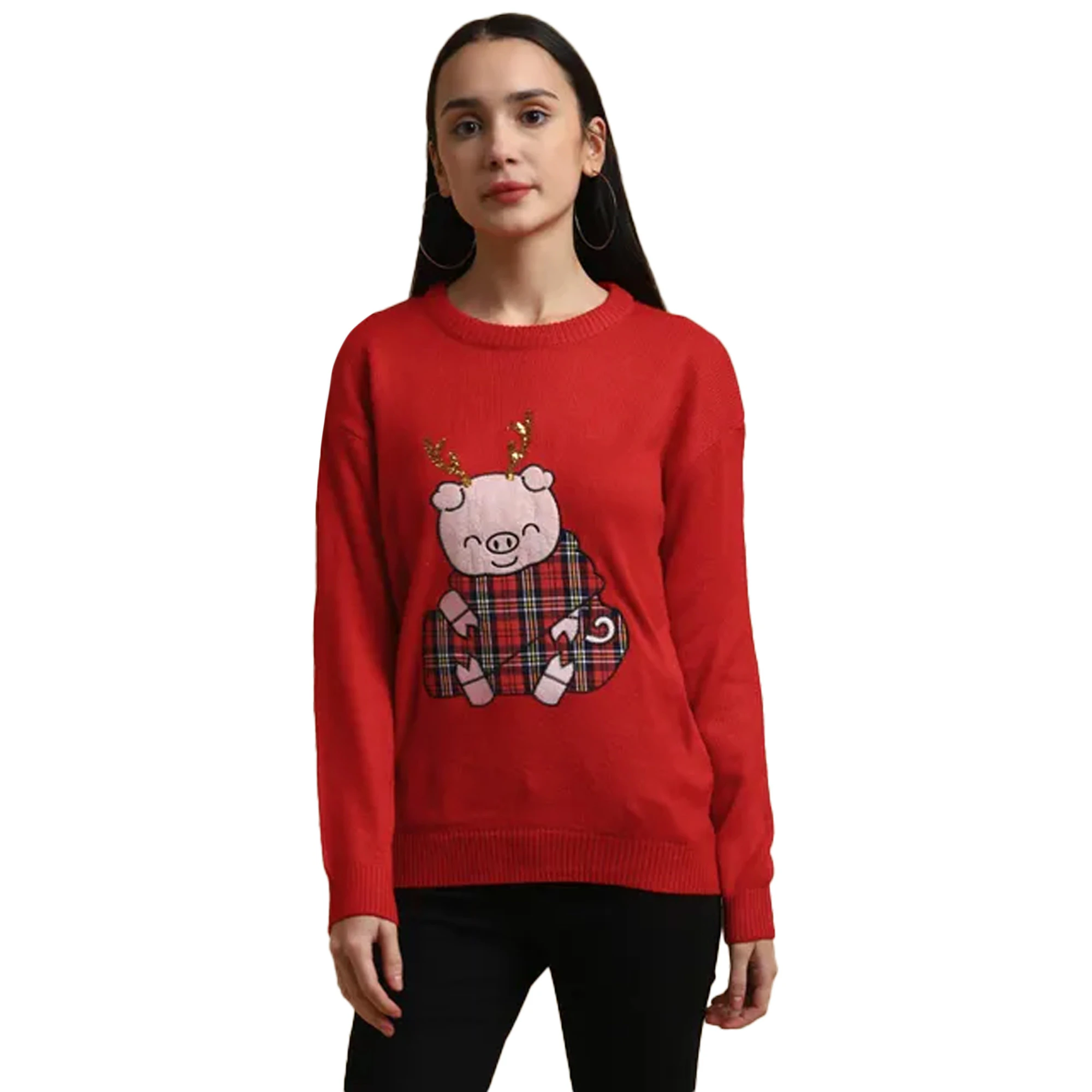 Brave Soul Womens Piggy Christmas Jumper (Red) - UT1520