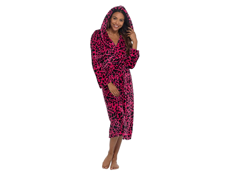 Wolf & Harte Panther Print Hooded Dressing Gown (Pink Print) - UT1636