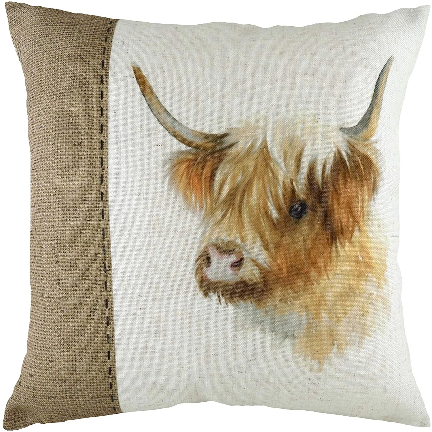 Evans Lichfield Hessian Highland Cow Cushion Cover (White/Brown/Orange) - RV1976