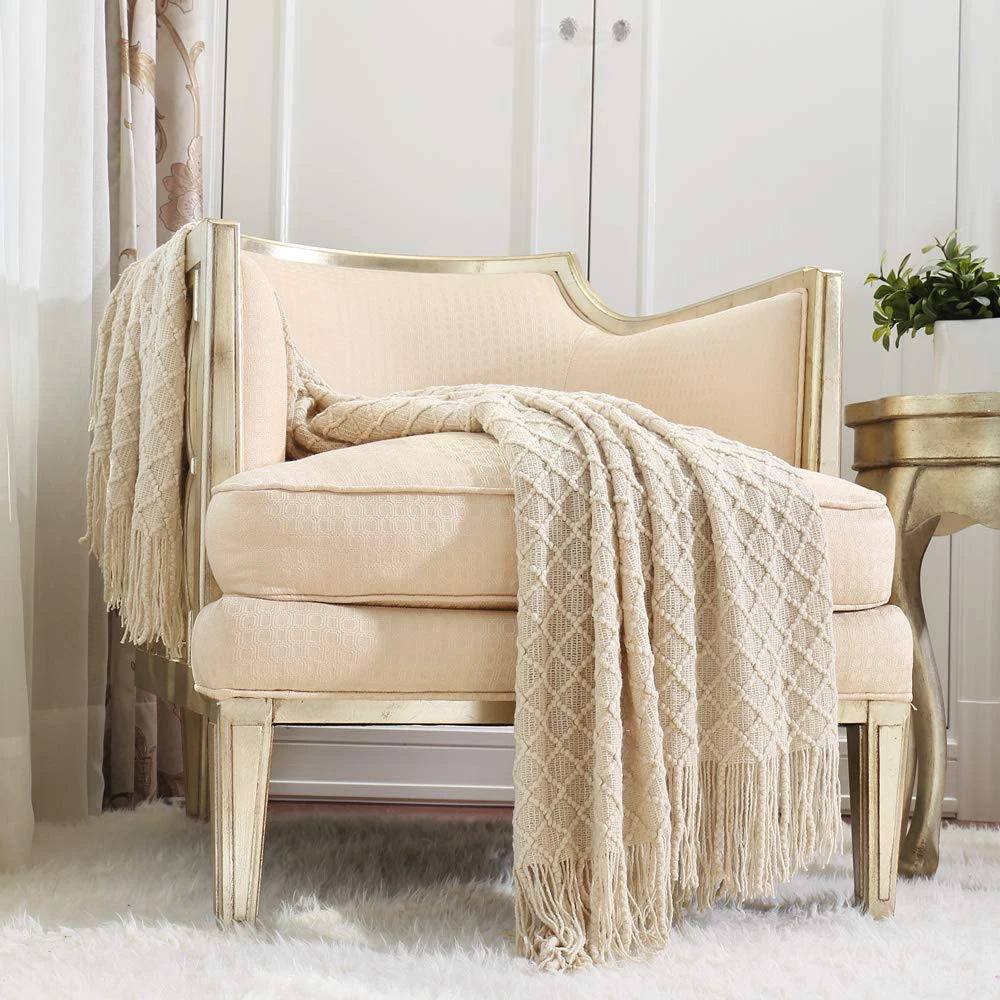 Cozy Boho Knitted Throw Blanket with Tassels Soft Light Weight Throws and Blankets for Couch Sofa Chair Bed Decoration - Beige