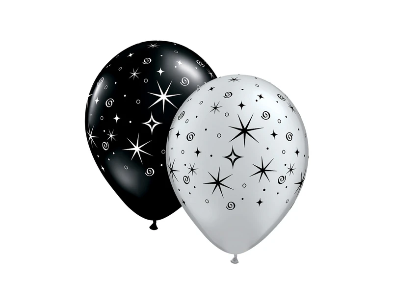 Qualatex Sparkles & Swirls Latex Round Balloons (Pack of 50) (Black/Silver) - SG19829