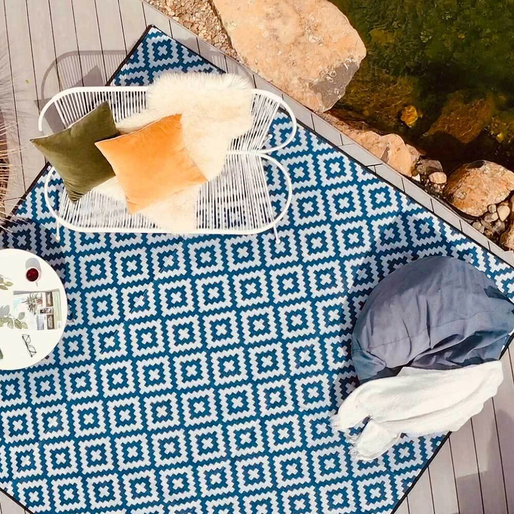 RECYCLED Plastic Outdoor Rug | Diamond Design, Square in Navy & Grey