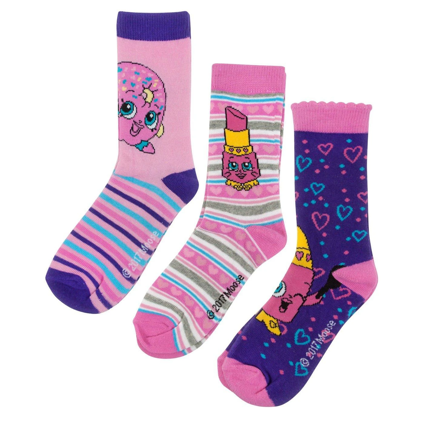 Shopkins Girls Assorted Designs Socks Set (Pack of 3) (Pink/Purple) - NS7353