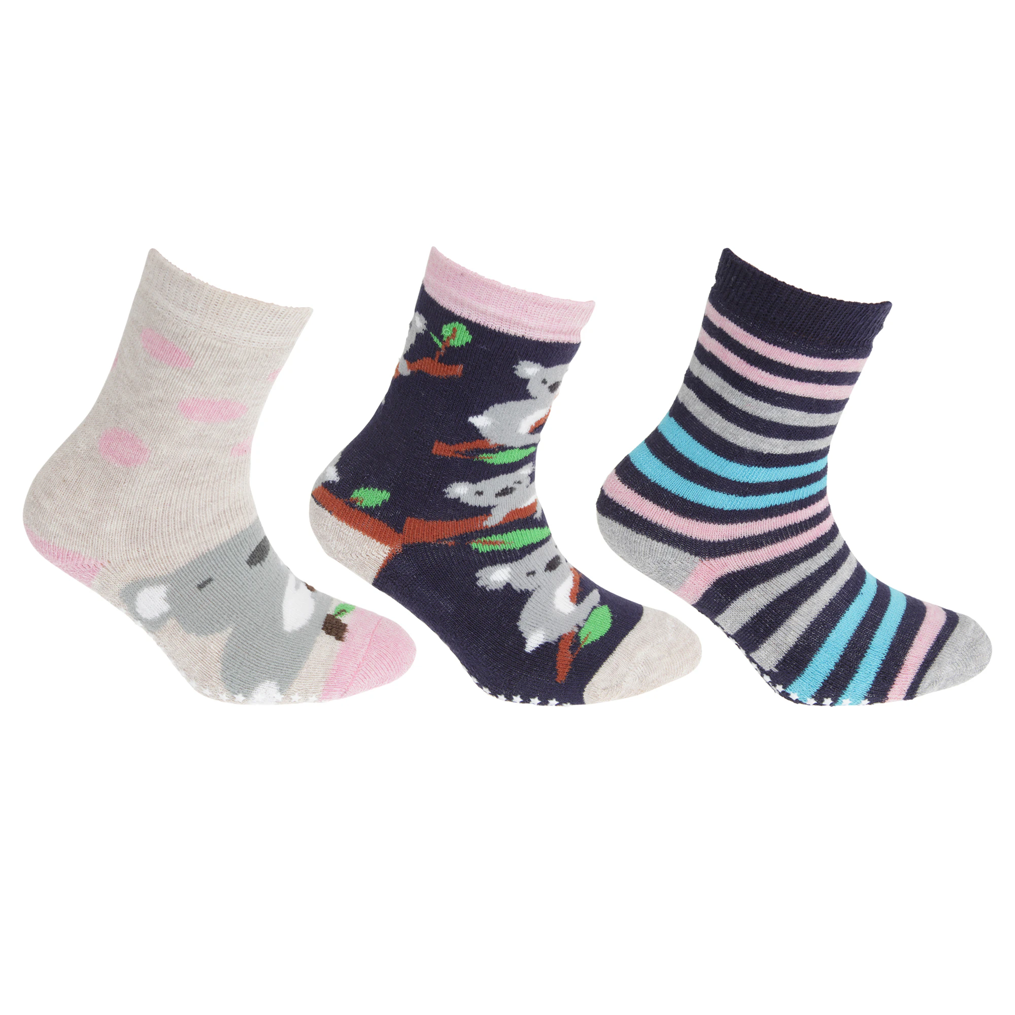 FLOSO Childrens Girls Cotton Rich Gripper Socks (3 Pairs) (Navy/Beige/Pink) - K354