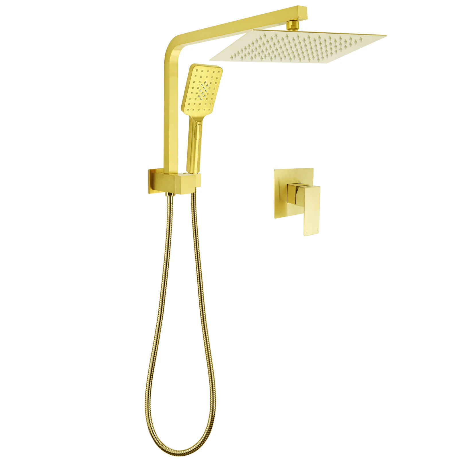 Brushed Gold Twin Shower 10" Rain Head Handheld Diverter Wall Arm Set Square Mixer