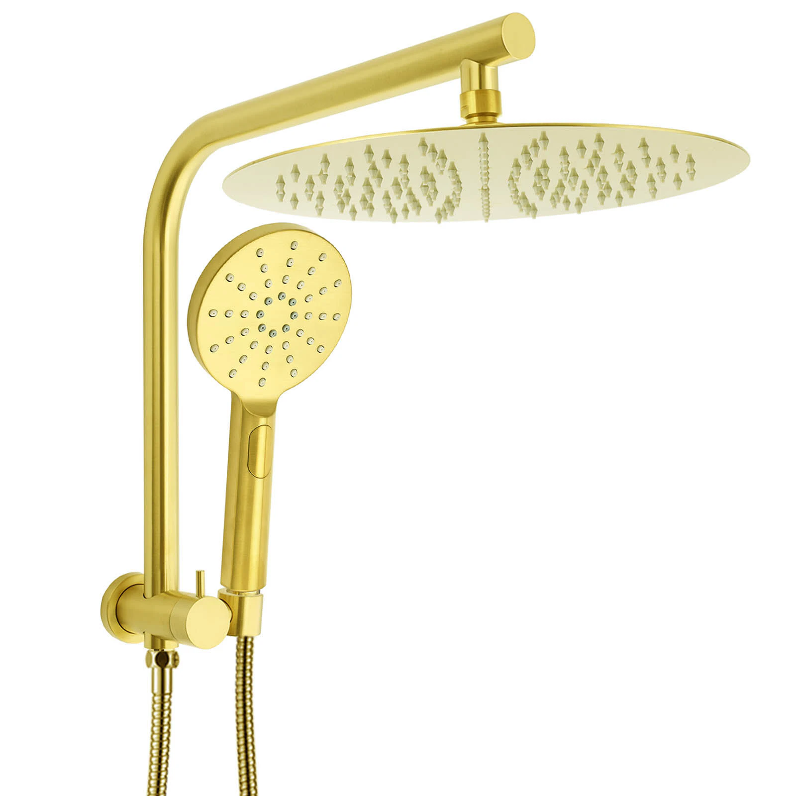 Brushed Gold Round 12" Rain Shower Head 3 Mode Handheld Diverter Wall Arm Set