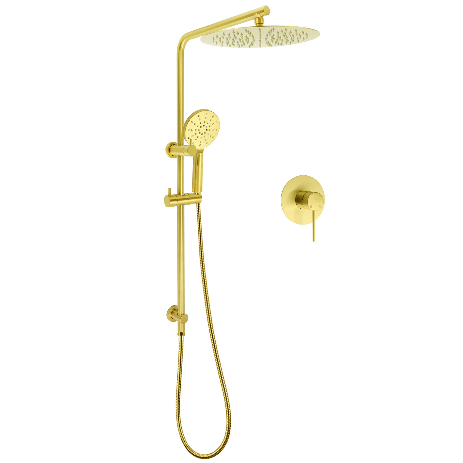 WELS Brushed Gold Twin Shower Large Round 12" Rain Head Handheld Silde Wall Rail Arm Mixer