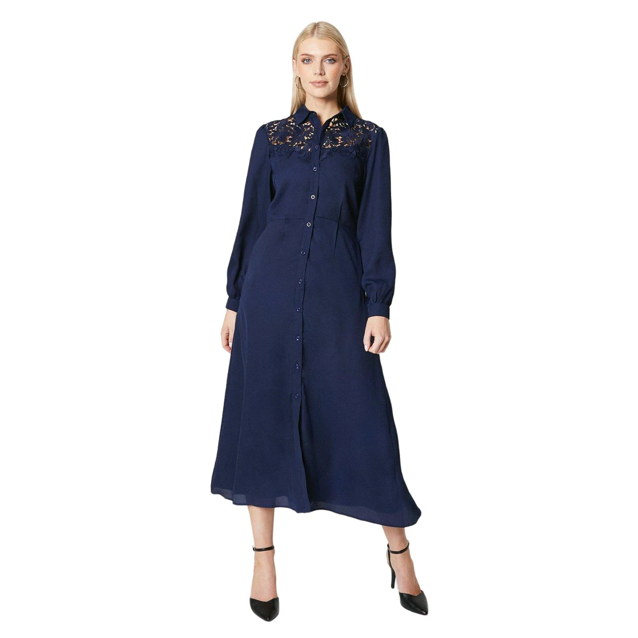 Principles Womens Lace Detail Button-Down Midi Dress (Navy) - DH6682