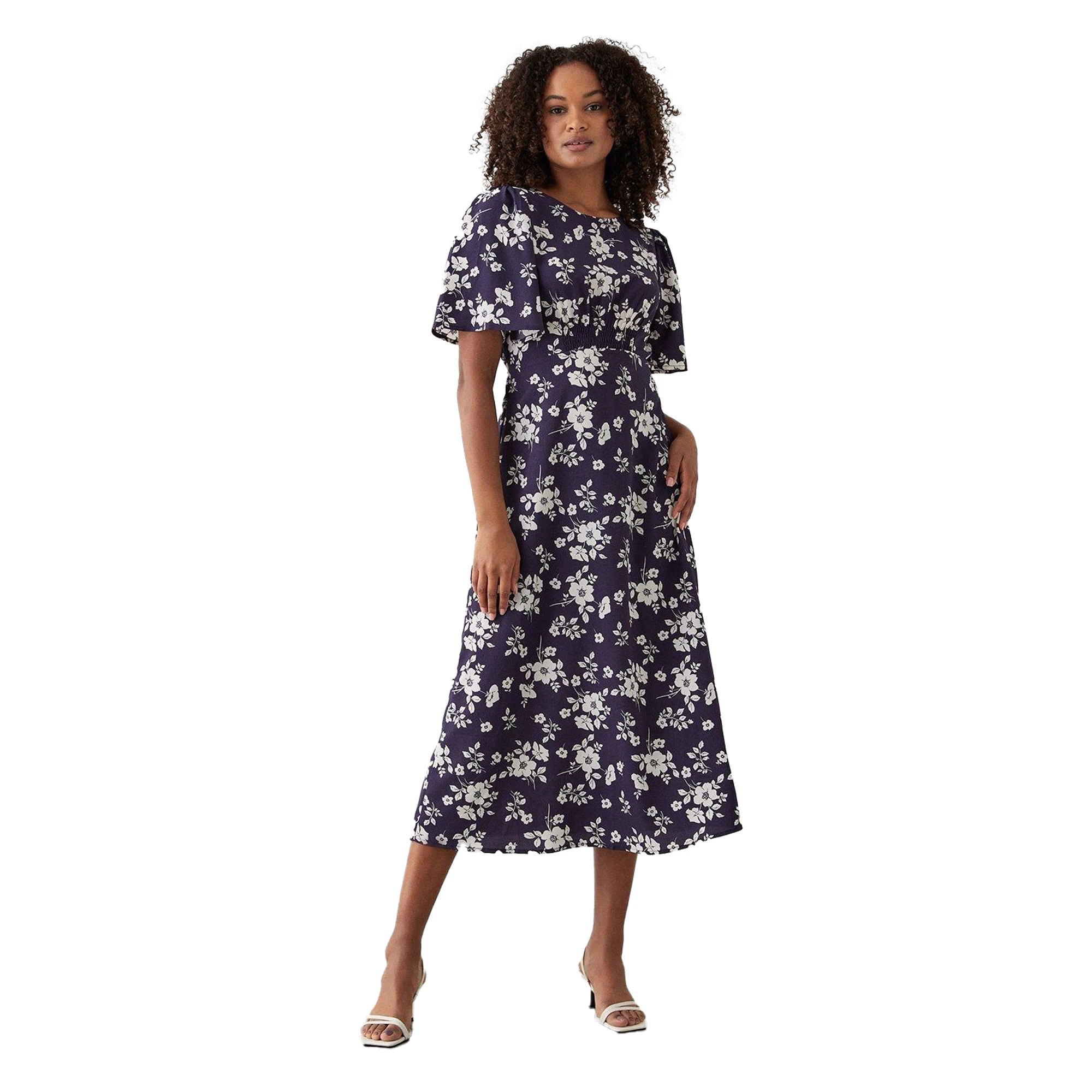 Dorothy Perkins Womens Floral Shirred Waist Flutter Midi Dress (Navy) - DP1990