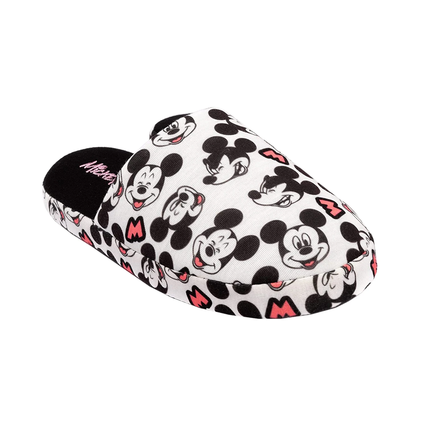 Mickey Mouse Womens All Over Logo Slippers (White/Black/Pink) - NS6763