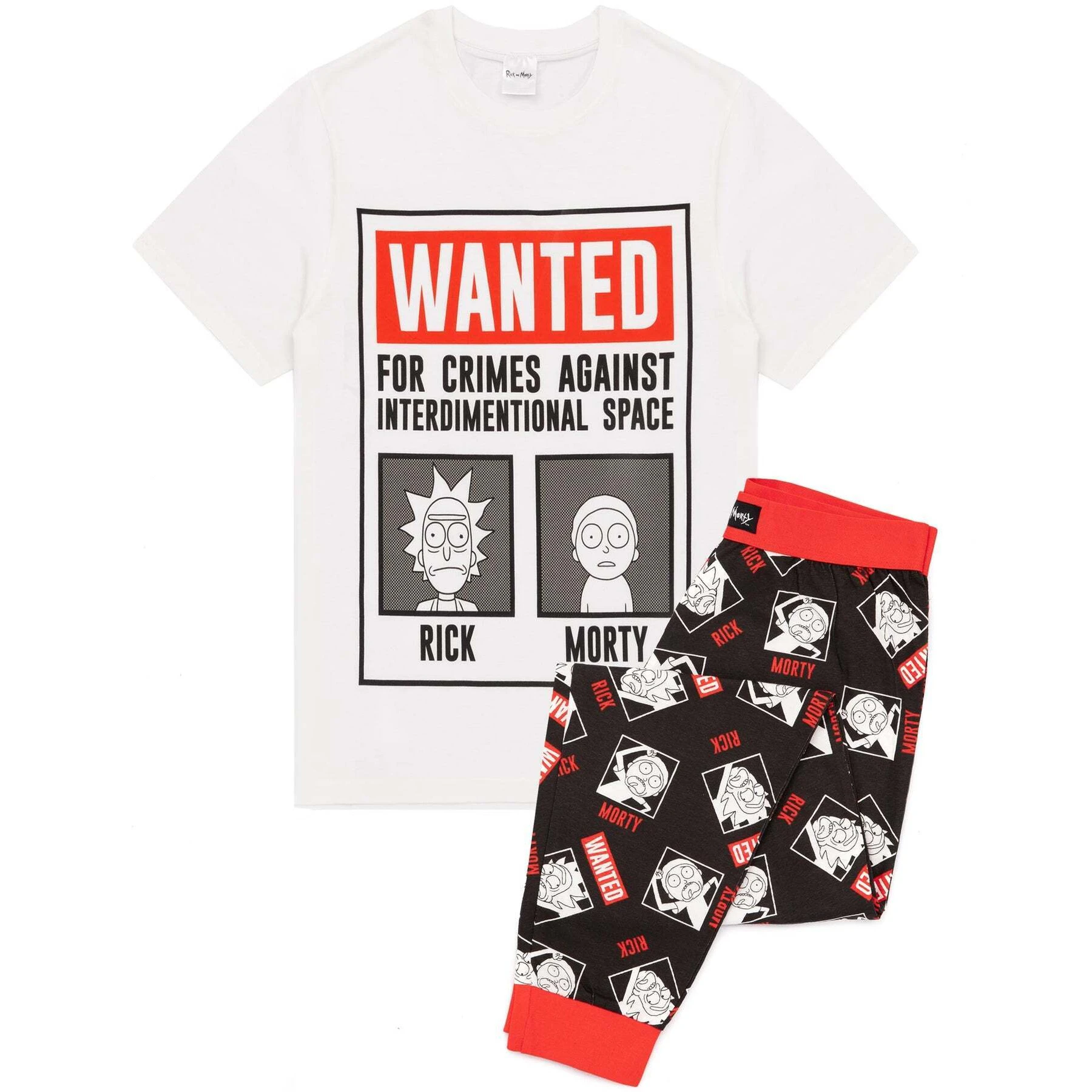 Rick And Morty Mens Wanted Poster Long Pyjama Set (White/Black/Red) - NS6609