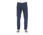 Logo Button Regular Man Jeans with Tricolor Insert and Contrast Stitching - Blue