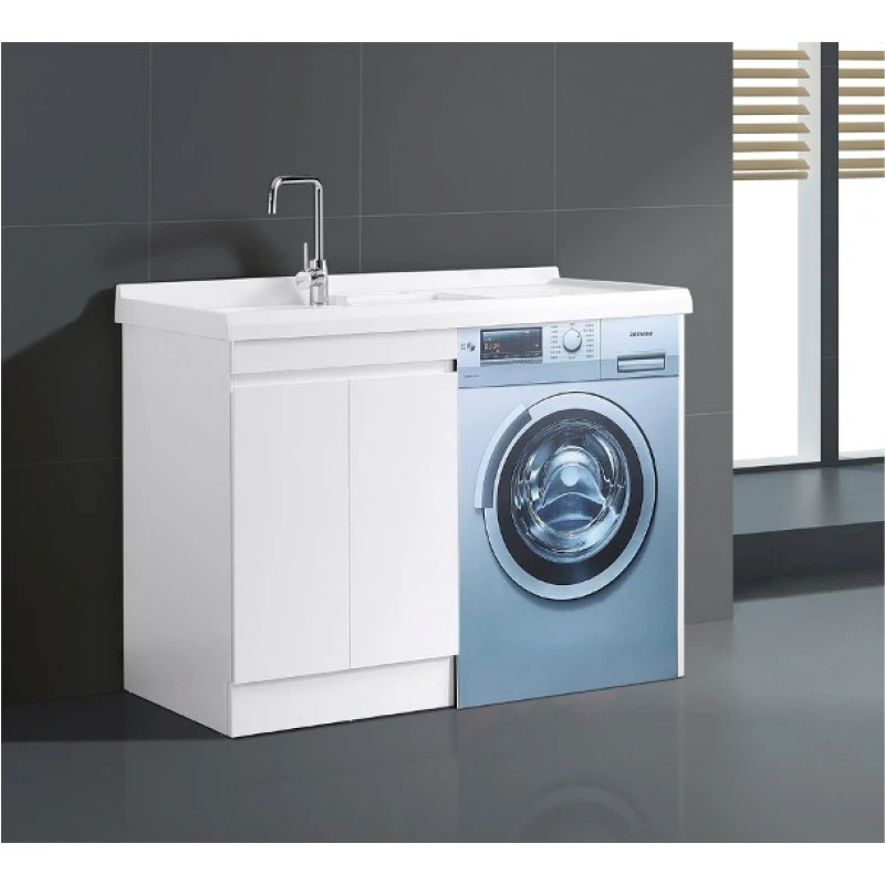 1250*600*925mm White Metal Water Resitant Laundry Tub Cabinet With Polymarble Top-Drainer On The Right