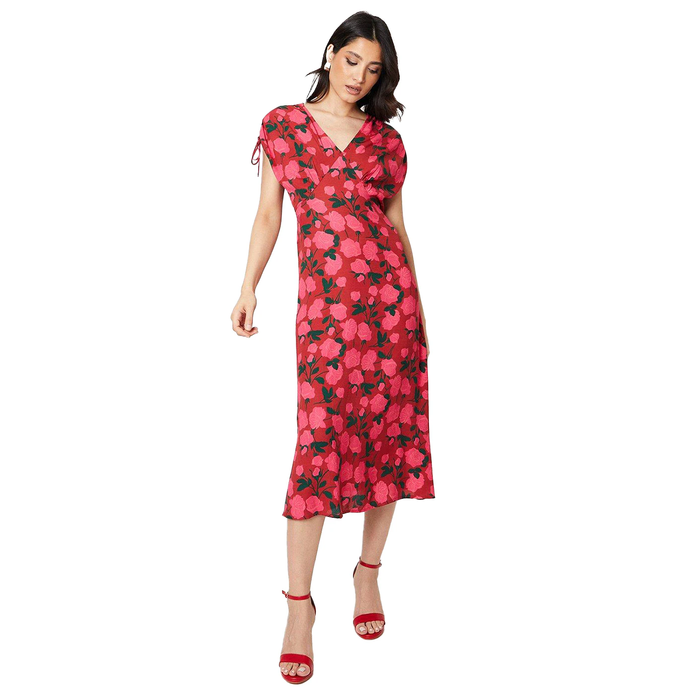 Dorothy Perkins Womens Roses V Neck Ruched Midi Dress (Red) - DP5101