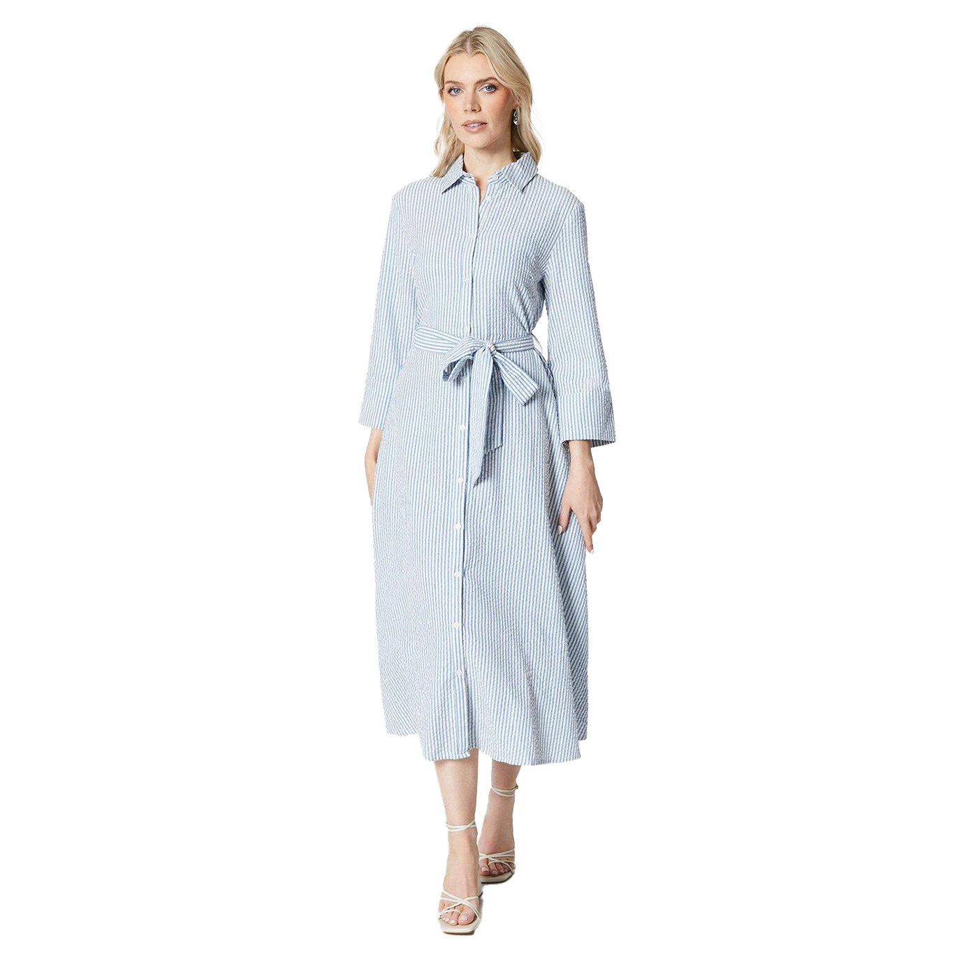 Principles Womens Stripe Belt Midi Shirt Dress (Blue) - DH6829