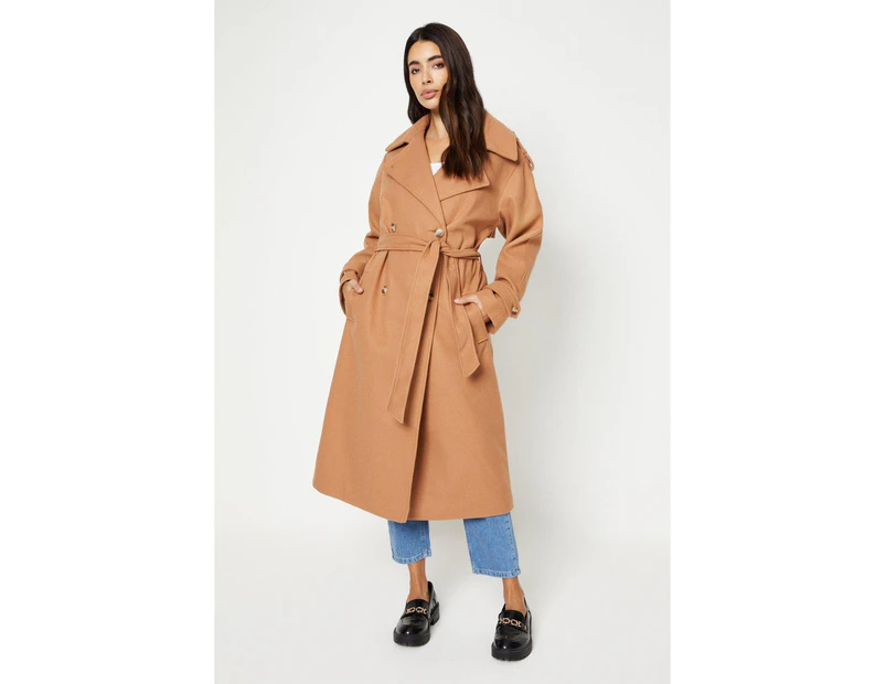 Dorothy Perkins Womens Belted Wool Effect Double-Breasted Trench Coat (Camel) - DP4337