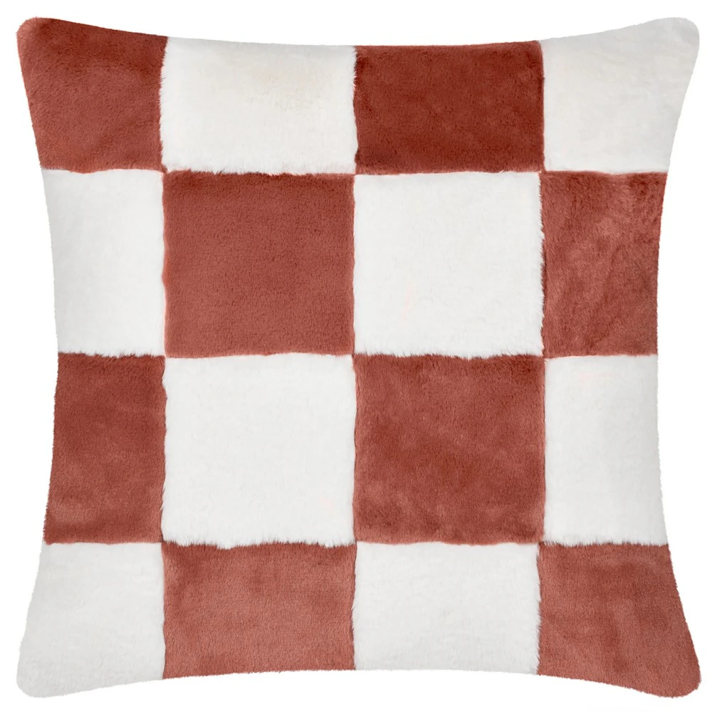 Heya Home Cozee Faux Fur Checked Cushion Cover (Rust) - RV3468