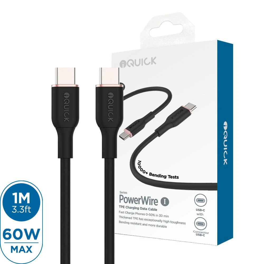 iQuick PowerWire 1 Series TPE Charging Date Cable Type-C to Type-C 1m for New iPhone - Black