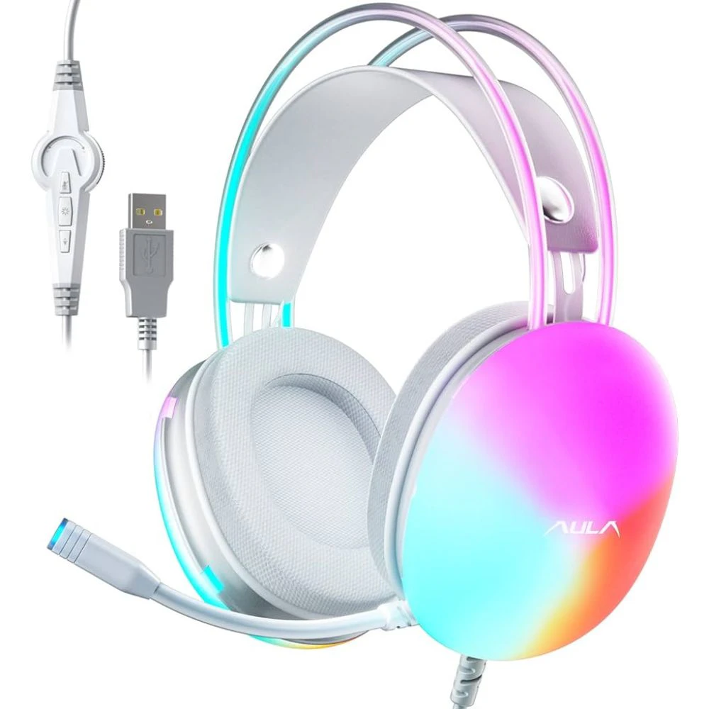 AULA S505 USB Wired Gaming Headset with Microphone, RGB, Soft Memory Earmuffs, Computer Headphone for PC, Laptop, Pink