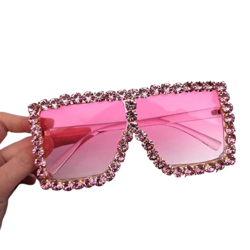 Luxury Sun glass Rhinestone Square Fashion Women Outdoor Oversized Shade UV400 Pink