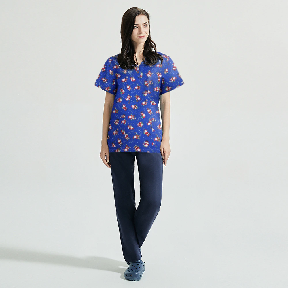 Unisex Christmas Printed Scrubs - Blue