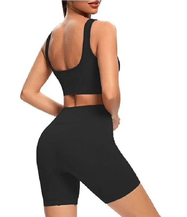 2 Piece - Sports Bra and Bike Shorts Activewear Set - Black