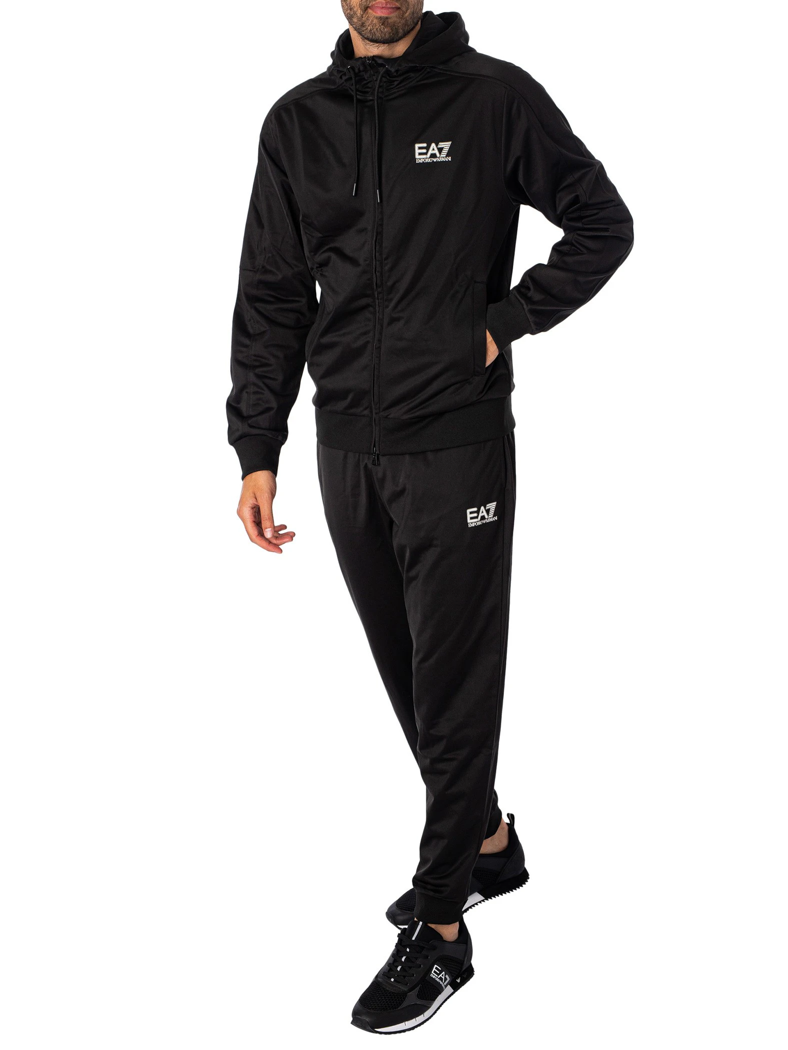 EA7 Men's Chest Logo Zip Hood Tracksuit - Black