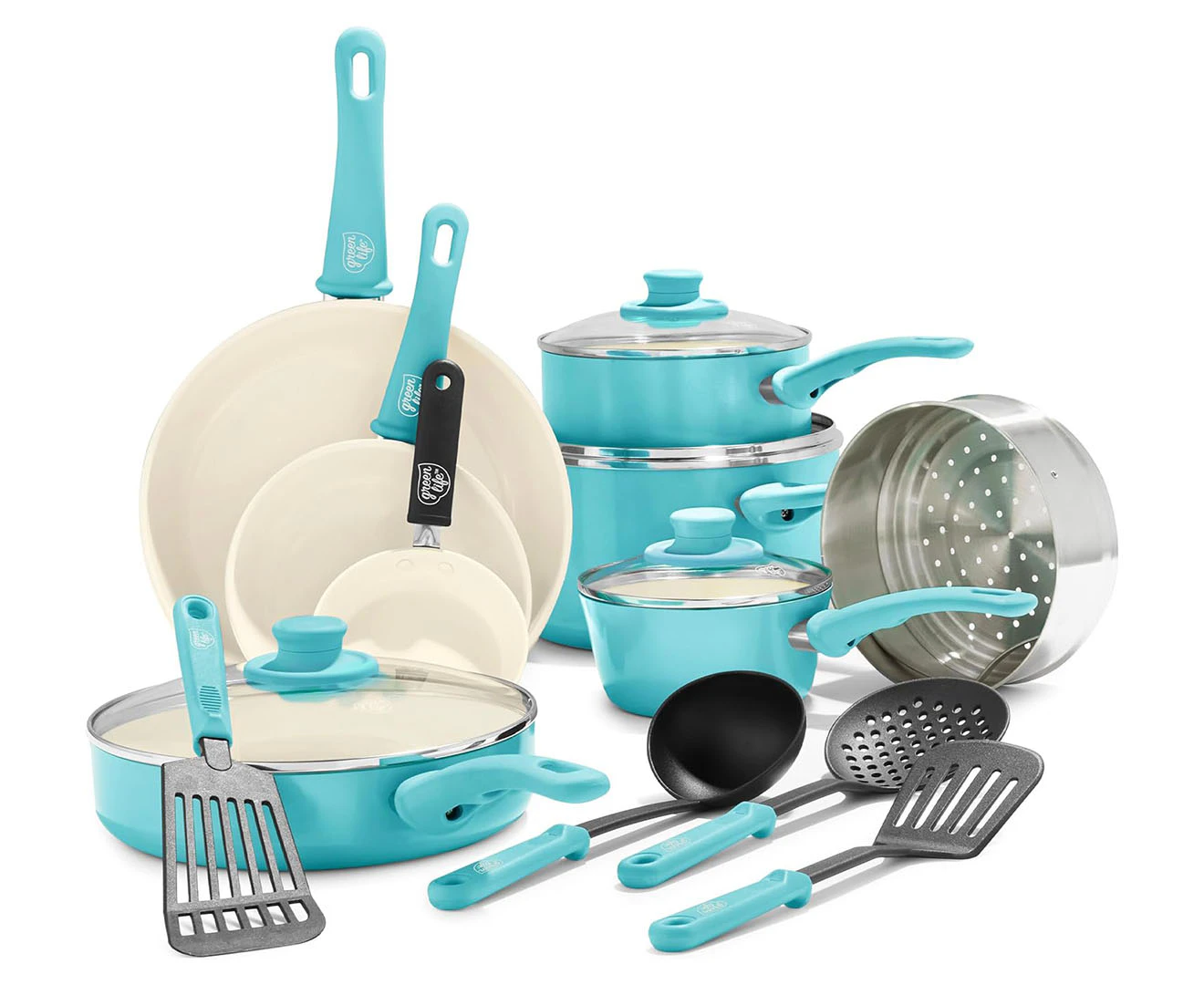 GreenLife 16-Piece Soft Grip Ceramic Cookware Set - Blue