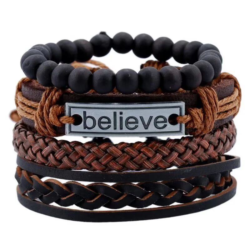 Believe Cowhide  Men's Bracelet Set, Vintage Woven Leather Hand Rope 4 pieces