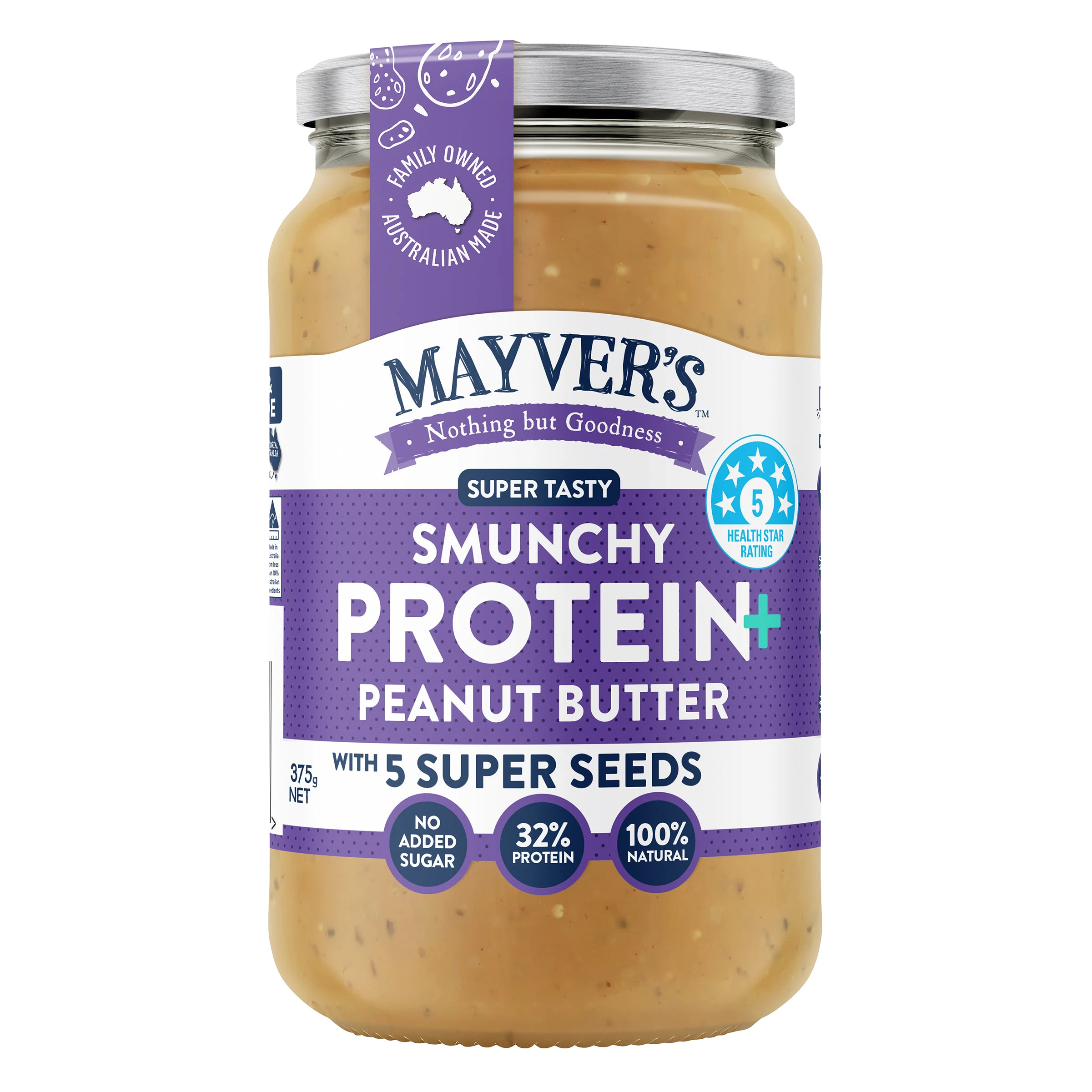 Mayver's Protein+ Peanut Butter w 5Seed 375g (Pack of 6)