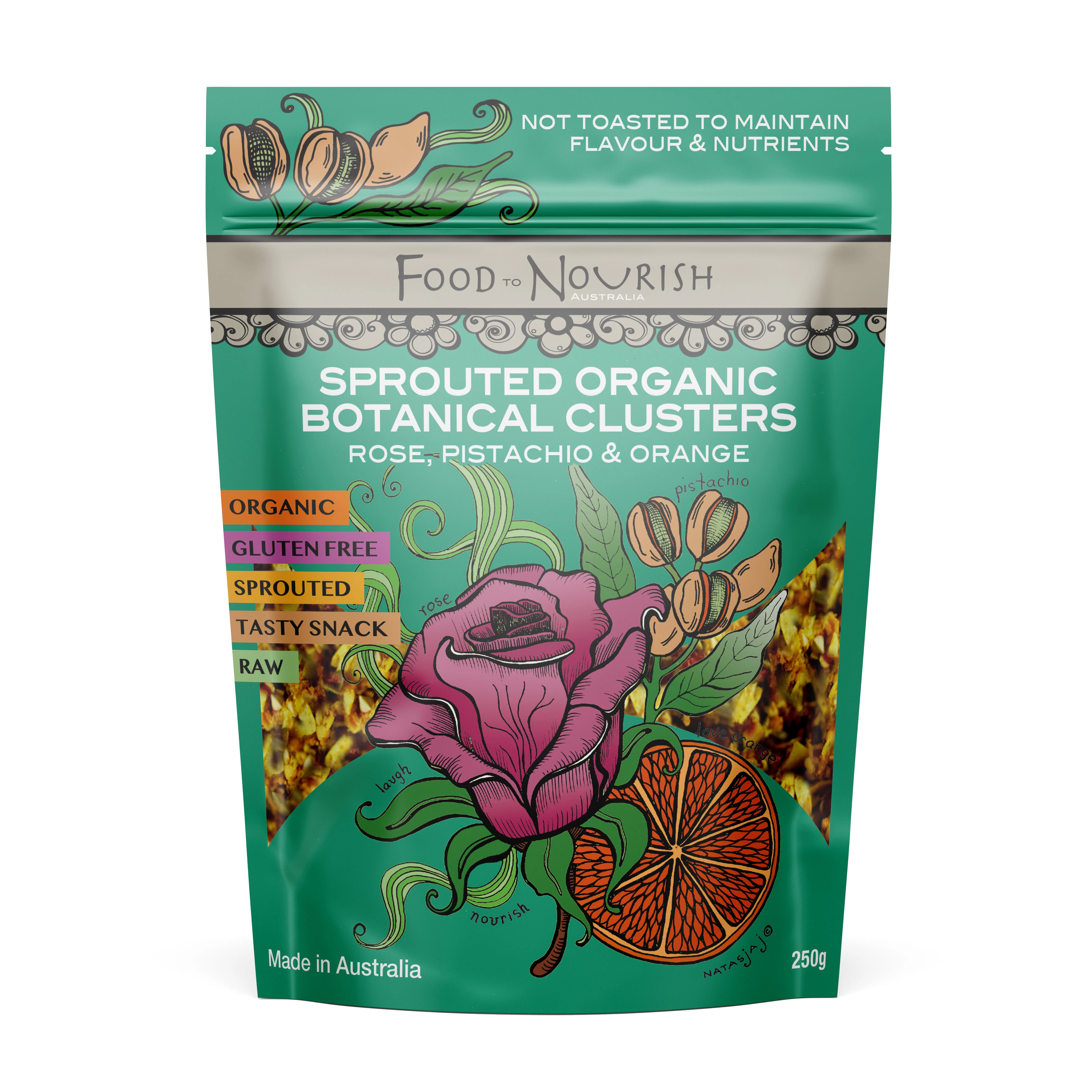 Food to Nourish Clusters Rose, Pistachio & Ora 250g