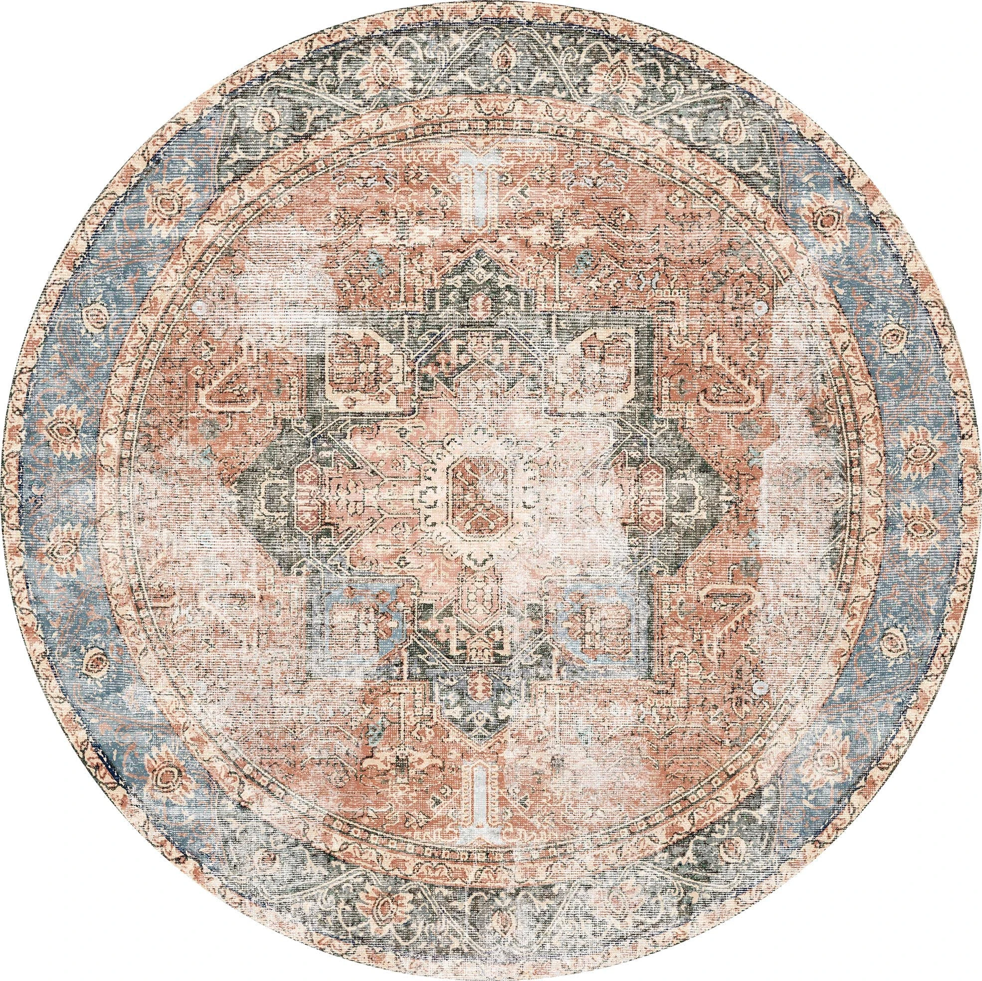 The Rug Collective - Distressed Vintage Cezanne Terracotta Sky Area Machine Washable Round Rug - Pet & Kid Friendly Round Rug