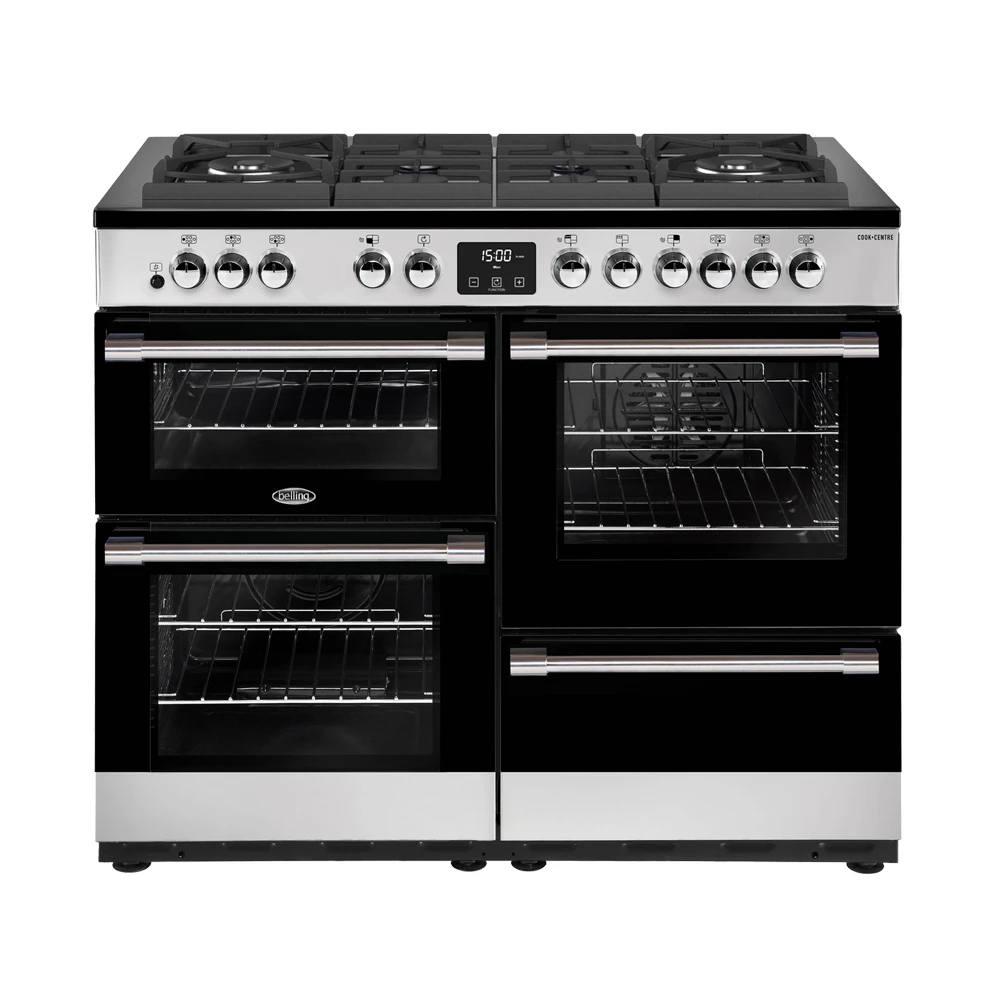 Belling 110cm Cookcentre Gas Thru Glass Range Cooker Oven Grill Stainless Steel