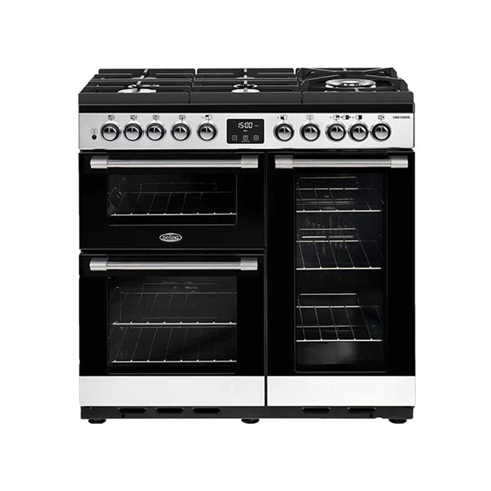 Belling 90cm Cookcentre Gas Thru Glass Range Cooker Oven Grill Stainless Steel